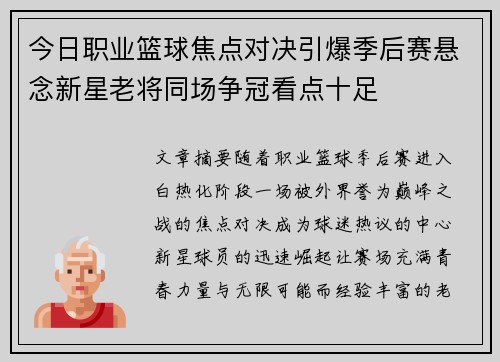 今日职业篮球焦点对决引爆季后赛悬念新星老将同场争冠看点十足 今日职业篮球焦点对决引爆季后赛悬念新星老将同场争冠看点十足